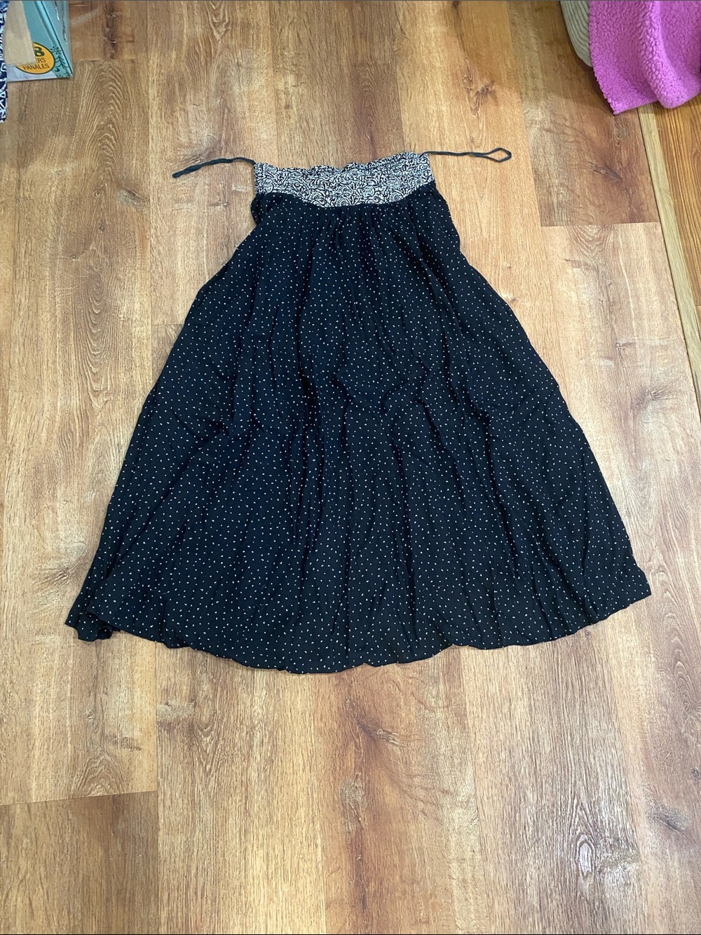 Black Polka Dot Midi Skirt with Smocked Waistband